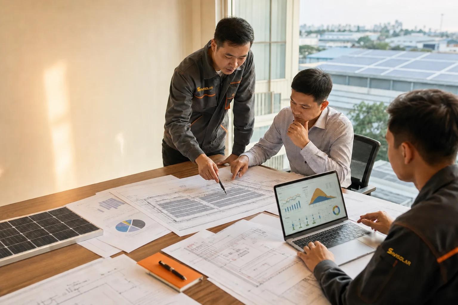 Kỹ sư SAVISOLAR cùng khách hàng phân tích bản vẽ và dữ liệu phụ tải dự án