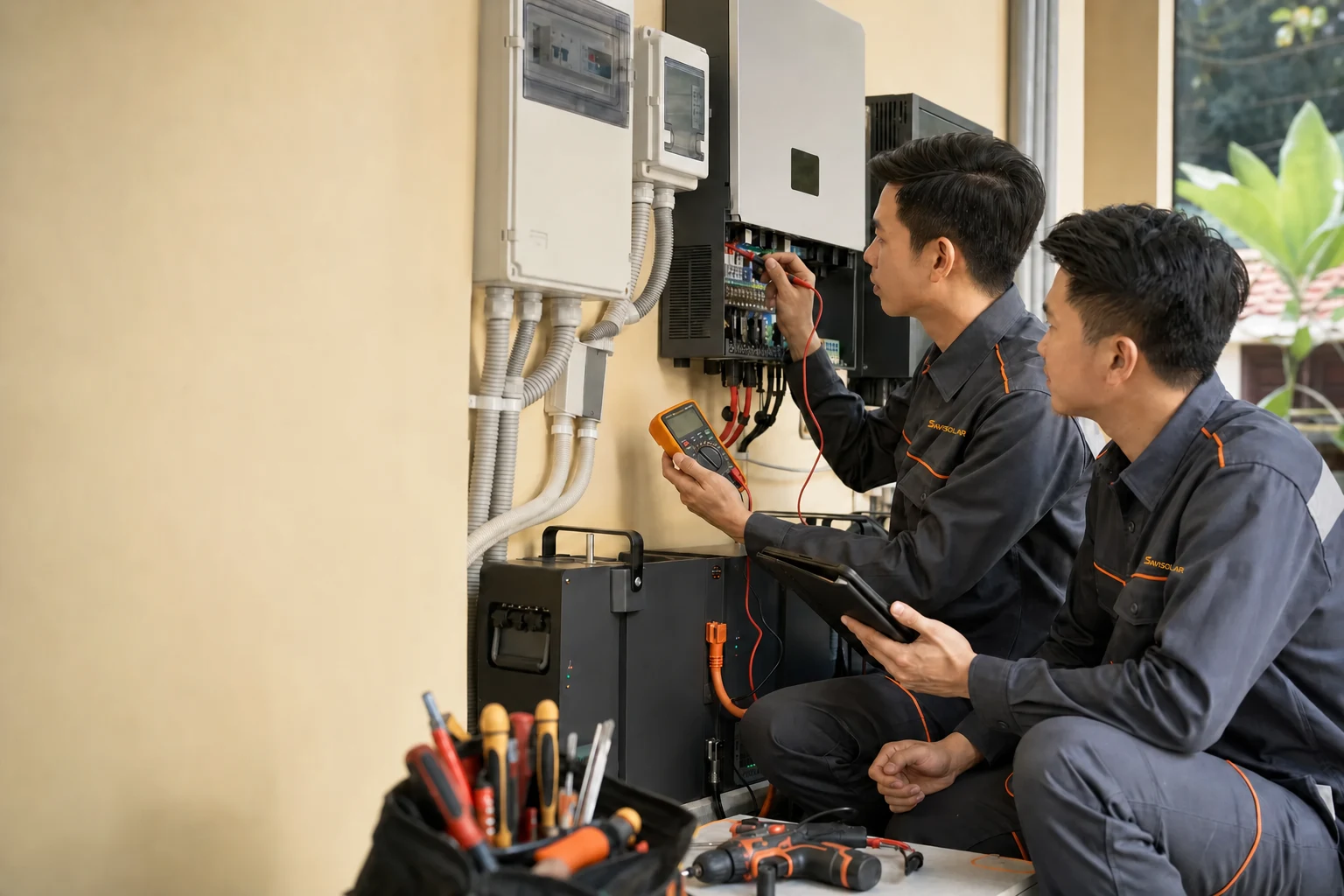Kỹ thuật viên SAVISOLAR đo kiểm inverter và hệ thống lưu trữ tại hiện trường
