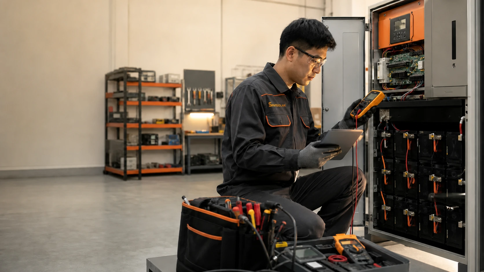 Kỹ thuật viên SAVISOLAR kiểm tra inverter và hệ thống lưu trữ
