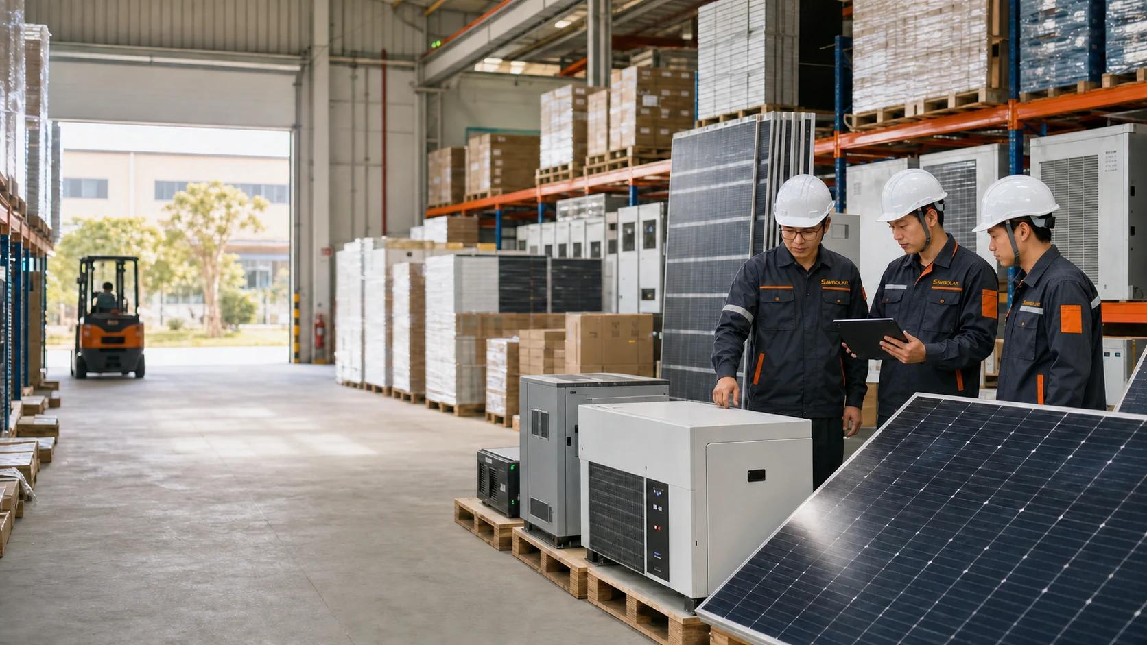 Đội ngũ kỹ thuật kiểm tra thiết bị tại kho SAVISOLAR