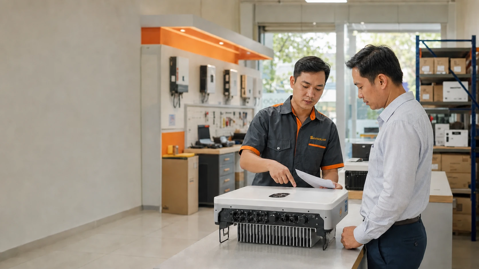 Kỹ thuật viên SAVISOLAR bàn giao thiết bị sau bảo hành